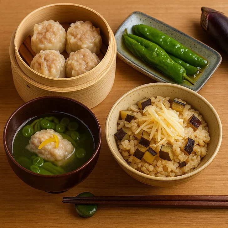 二十四節気「処暑」の献立。蒸籠に盛られた肉汁焼売、小鉢の万願寺唐辛子の焼き浸し、鱧とじゅんさいの澄まし椀、茄子と生姜の炊き込み御飯を並べた和食の食卓。