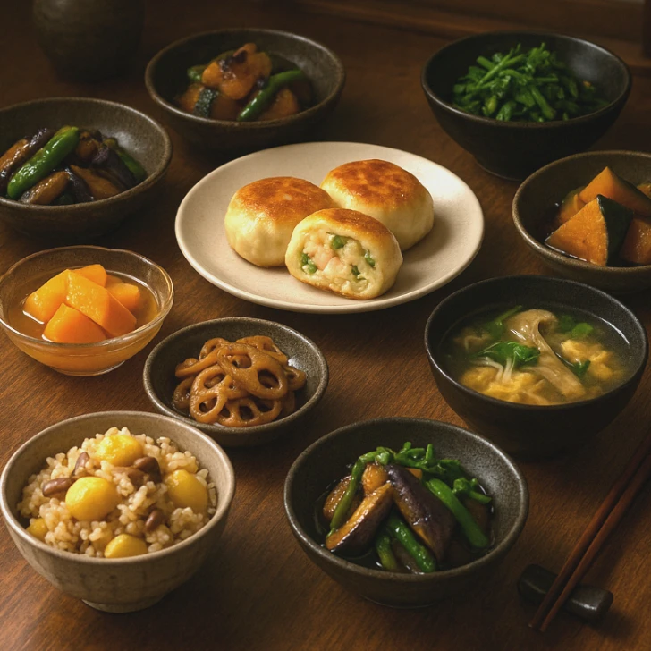 秋分の夕飯、京都点心福のえびネギ饅頭を中心に、茄子とピーマンの味噌炒め、栗ご飯、舞茸の吸い物、柿のデザートなど秋らしい献立が並ぶ和食卓の実写風イメージ。