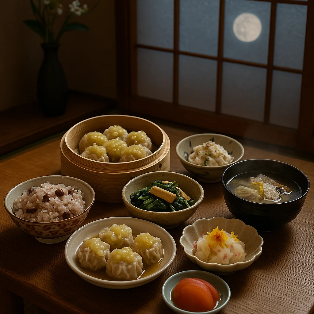 立冬の献立｜京都点心福のだし焼売を主菜に、壬生菜と油揚げのおひたし、百合根の白和え、菊花蕪の甘酢漬け、大根とぶりの潮汁、小豆ご飯、林檎のはちみつ煮を配した冬支度の膳