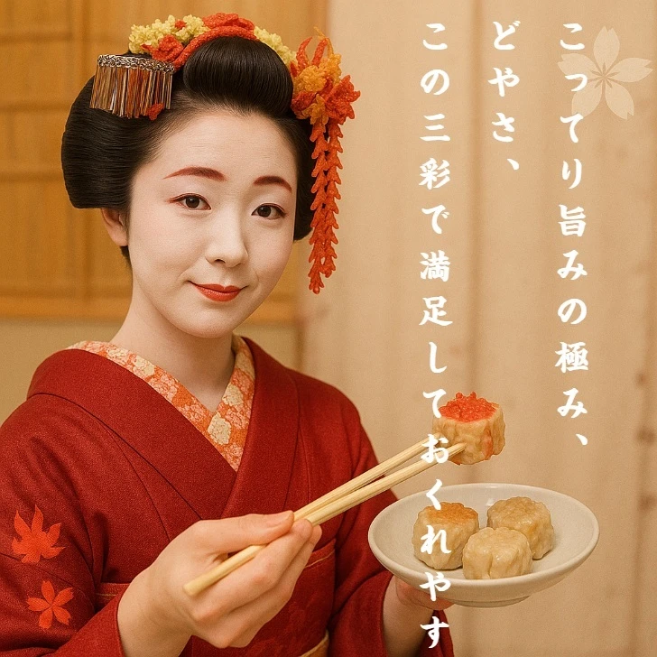 舞妓さんが持つ肉の極み三彩セット 鬼辛焼売・肉汁焼売・だし焼売18個入 国産豚100％ 手包み焼売 辛口点心 冷凍ギフト