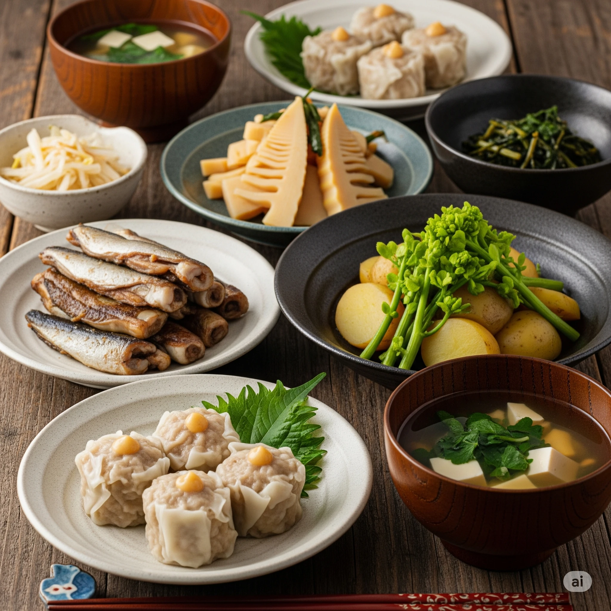 「京都点心福の和の極みだし焼売を含む、春の旬食材を使った和食献立。たけのこと木の芽の白和え、うどとせりの酢味噌がけ、新じゃがとふきの含め煮、三つ葉と豆腐のすまし汁が並ぶ食卓。」