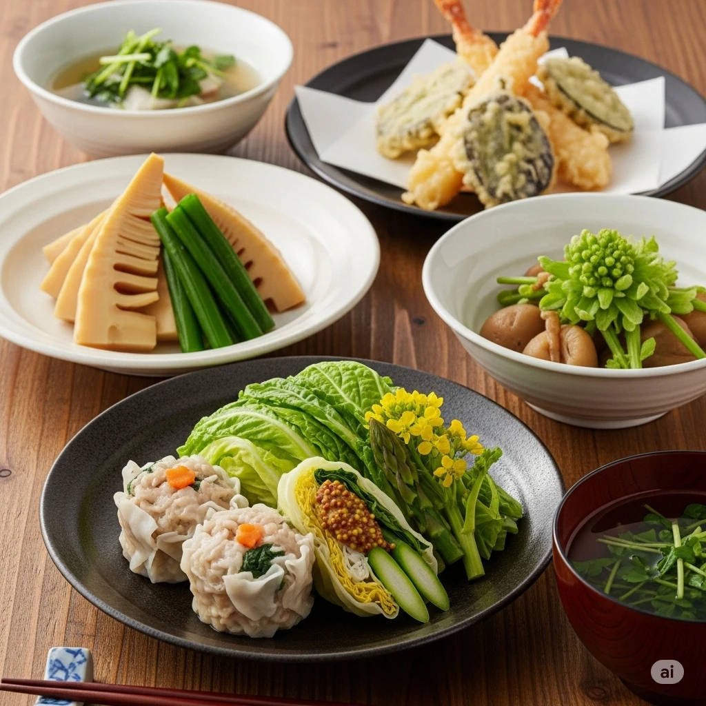 京都点心福の肉汁焼売を使った春の和食献立。春キャベツの包み蒸し、菜の花とアスパラのからし浸し、うどとせりの天ぷら、たけのことふきの含め煮、三つ葉とクレソンのすまし汁が並ぶ食卓。