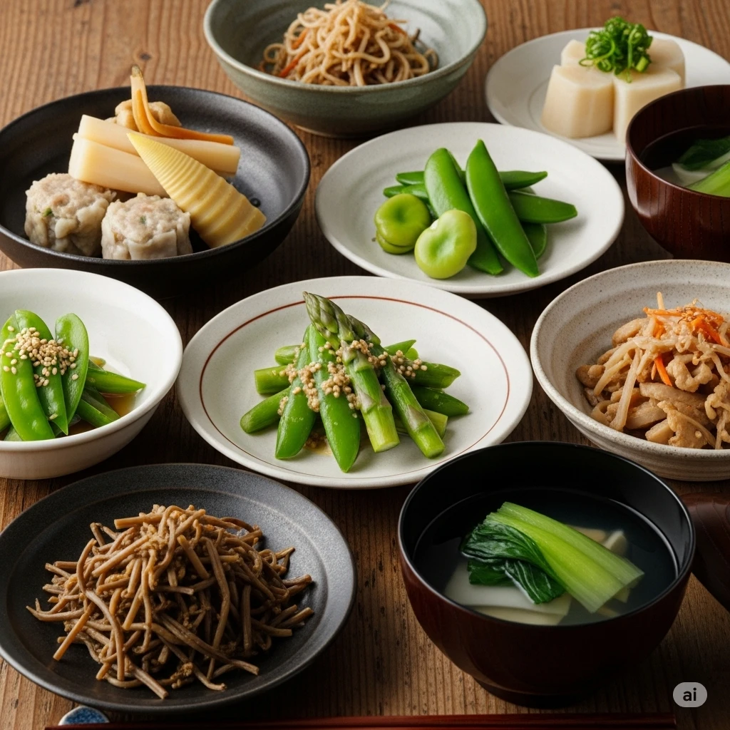 京都点心福の和の極みだし焼売を使った春の和食献立。たけのこの木の芽あんかけ、スナップエンドウとそら豆の塩茹で、アスパラと絹さやの胡麻和え、わらび・ぜんまいと山うどの炒め煮、小松菜とにらのすまし汁が並ぶ食卓。