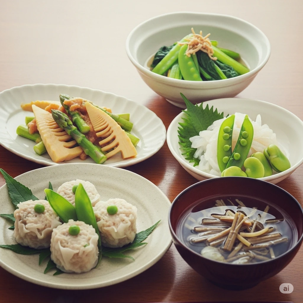 京都点心福の肉汁焼売を使った初夏の和食献立。グリーンピースの山椒あんかけ、たけのことアスパラの山うど味噌炒め、スナップエンドウとそら豆の冷製白和え、絹さやと小松菜のにらだし浸し、わらびとぜんまいのすまし汁が並ぶ食卓。