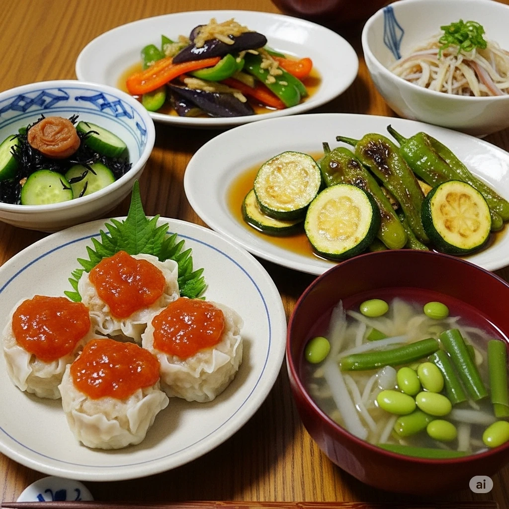 京都点心福の海老焼売を使った初夏の和食献立。しそ風味トマトあん、ししとうとズッキーニの焼き浸し、きゅうりとみょうがの梅おかひじき和え、なすとピーマンの生姜味噌炒め、枝豆といんげんのすまし汁が並ぶ食卓