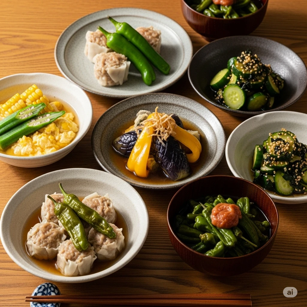 京都点心福の塩焼売を使った夏の和食献立。万願寺とうがらしの蒸し合わせ、とうもろこしとオクラの冷製かき玉椀、なすとピーマンの冷やし揚げ浸し、きゅうりとモロヘイヤのねばねば酢の物、甘長とうがらしと梅肉の炊き合わせが並ぶ食卓。